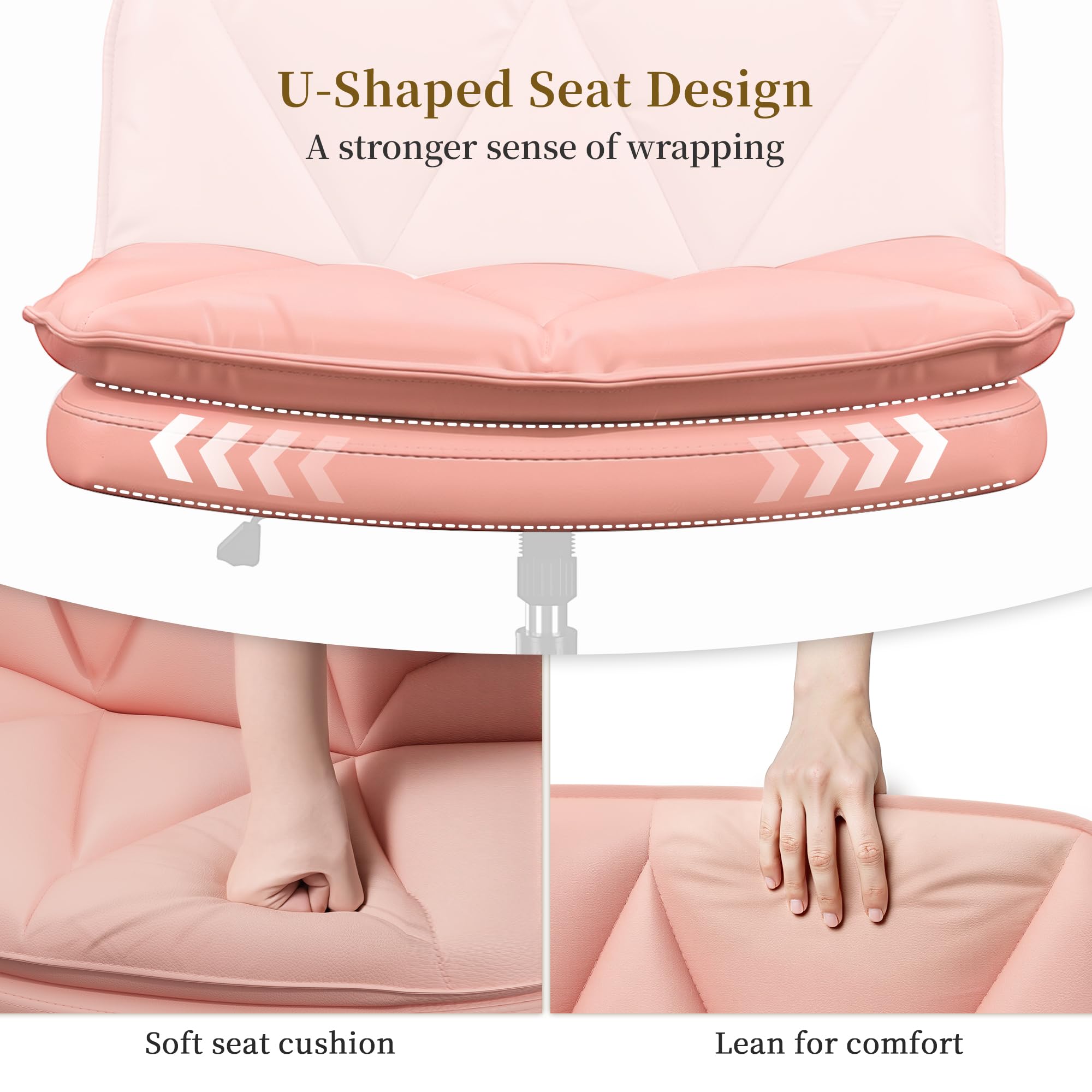 Criss Cross Chair with Wheels,Cross Legged Office Chair with 2 Layer Cushion,Wide Seat,Leather,Amless, for Home,Office,Make Up,Vanity,Bed Room,Pink
