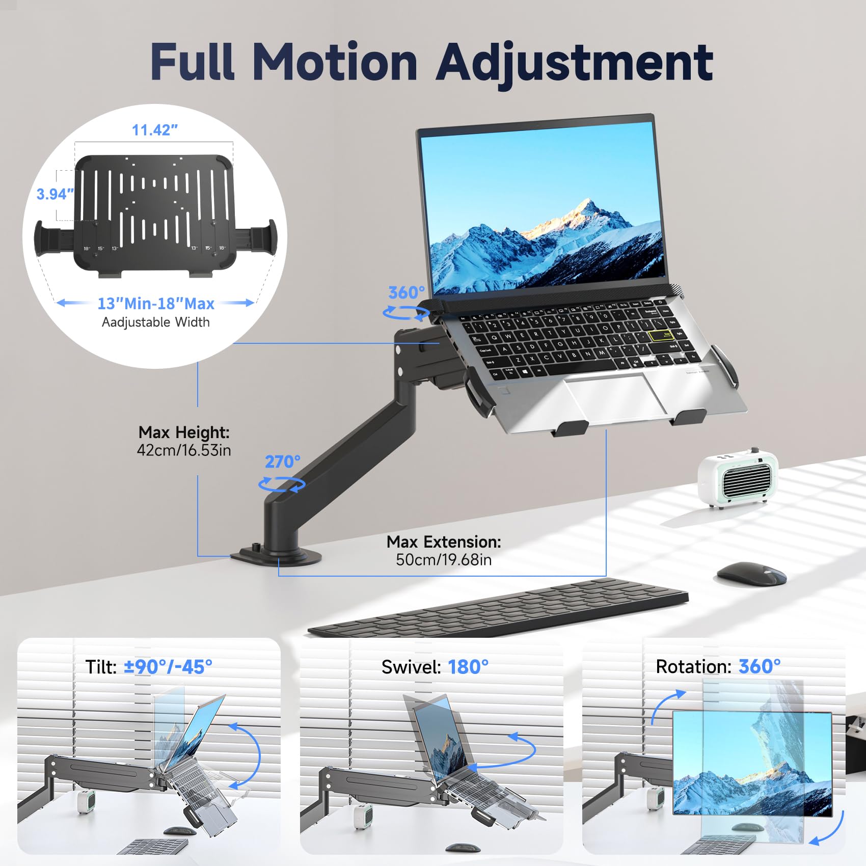 Laptop Desk Mount, Fully Adjustable Monitor and Laptop Mount Stand for 11-17 Inch Notebook and 17-32 inch Monitor Screen,Holds 22lbs with Vented Tray