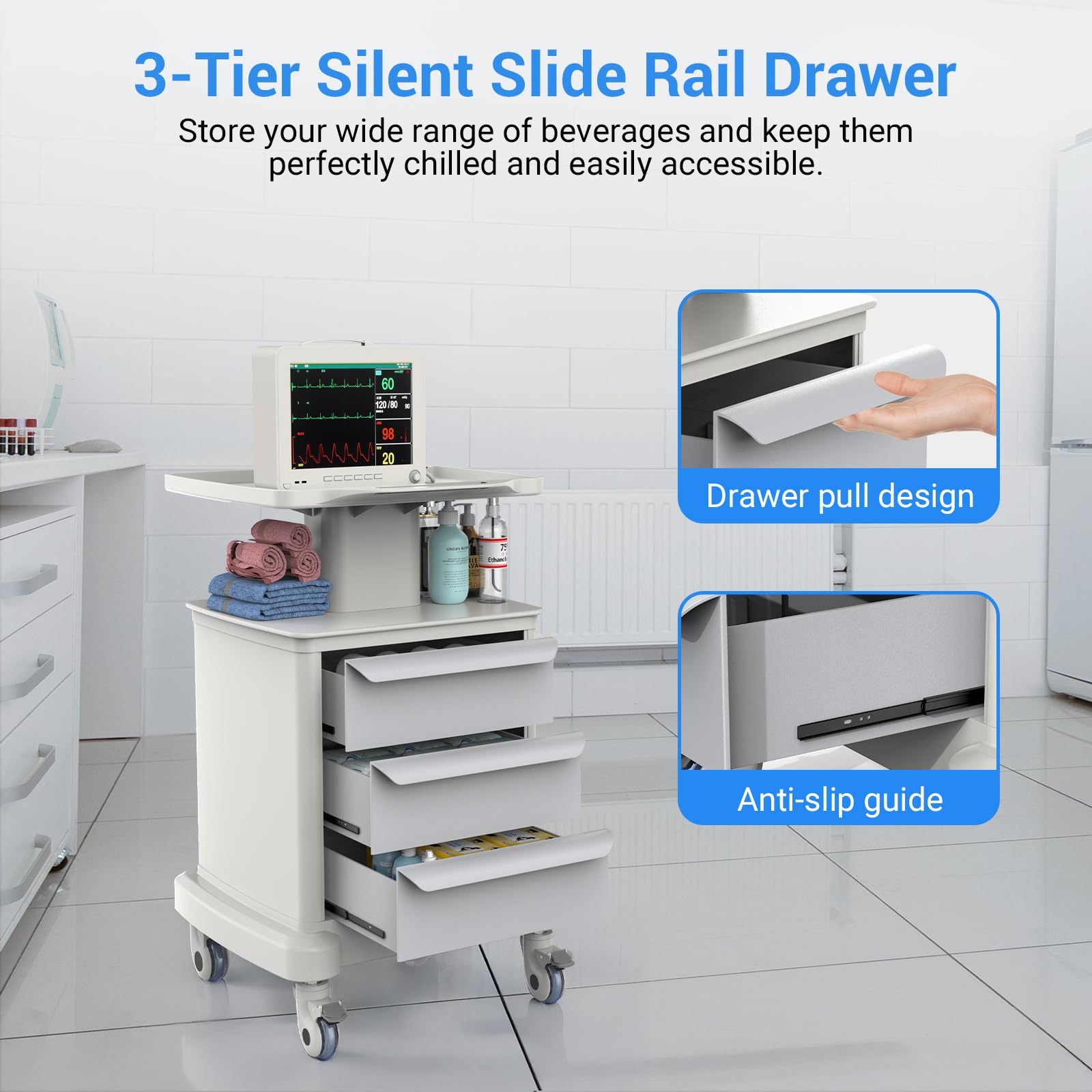 Medical Carts with Wheels and Drawers, Mobile Ultrasound Cart, Rolling Dental Implant Cart with Caster Wheels, Beauty Trolley Lab Storage Carts for Hospitals, Offices, Clinics, Bedrooms, and Salon