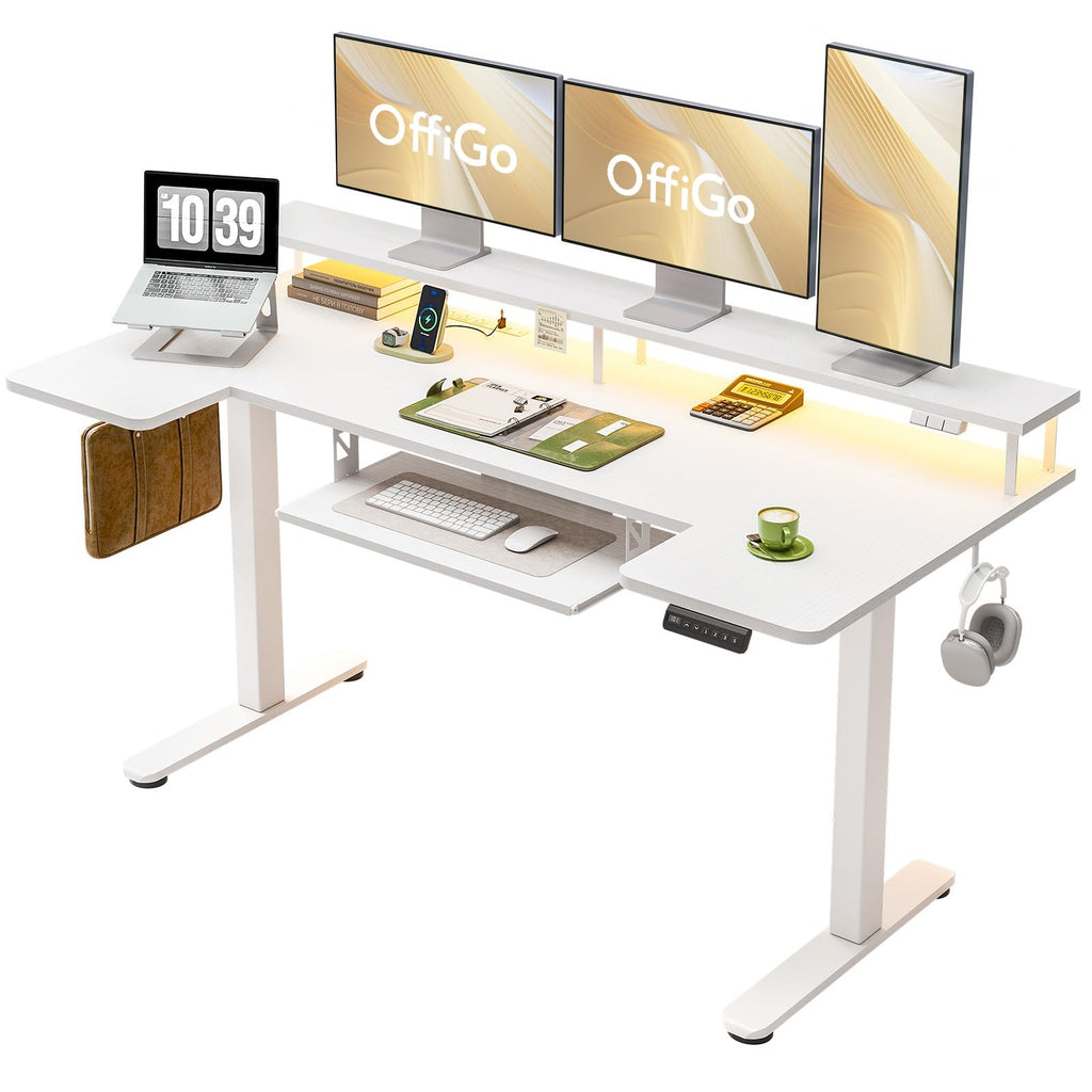 U Shaped Electric Standing Desk with Keyboard Tray, 63 Inch Height Adjustable Desk with Power Outlets & LED Lights, Sit Stand Table with Monitor Stand for Home, Office, White