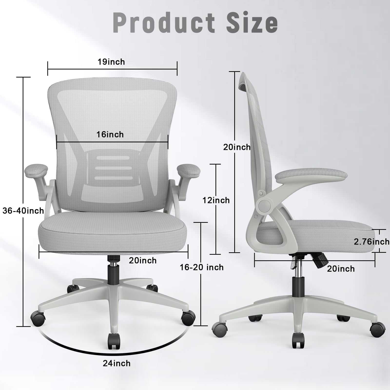 Ergonomic Office Chair, Mid Back Desk Chairs with Adjustable Height, Swivel Chair with Flip-Up Arms and Lumbar Support, Breathable Mesh Computer Chair for Home/Study/Working, Grey