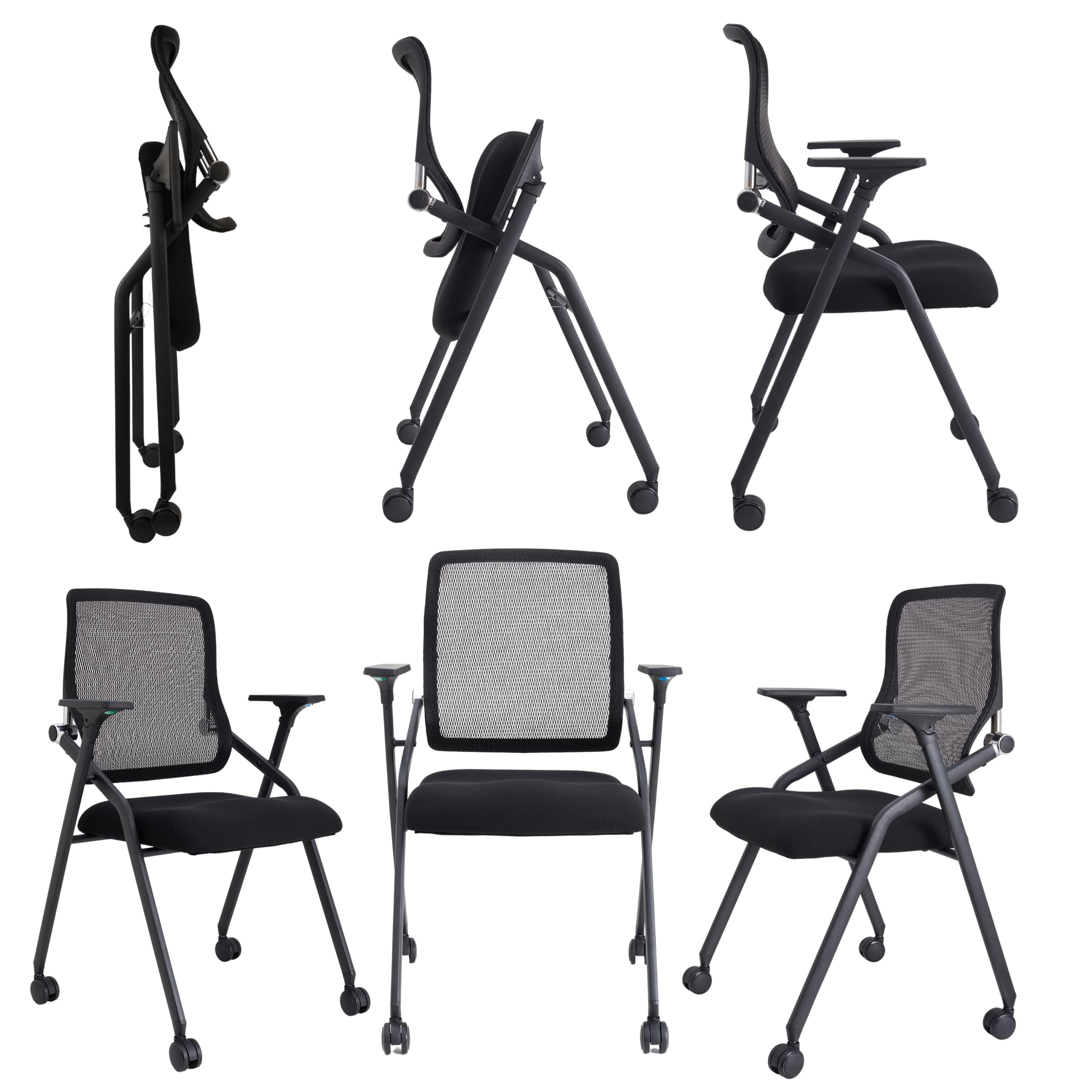6 Pack Black, Updated Conference Room Chairs, Folding Office Desk Chair with Lumbar Support and Sliding Armrest with Casters, Stackable Office Guest Chairs & Reception Chair