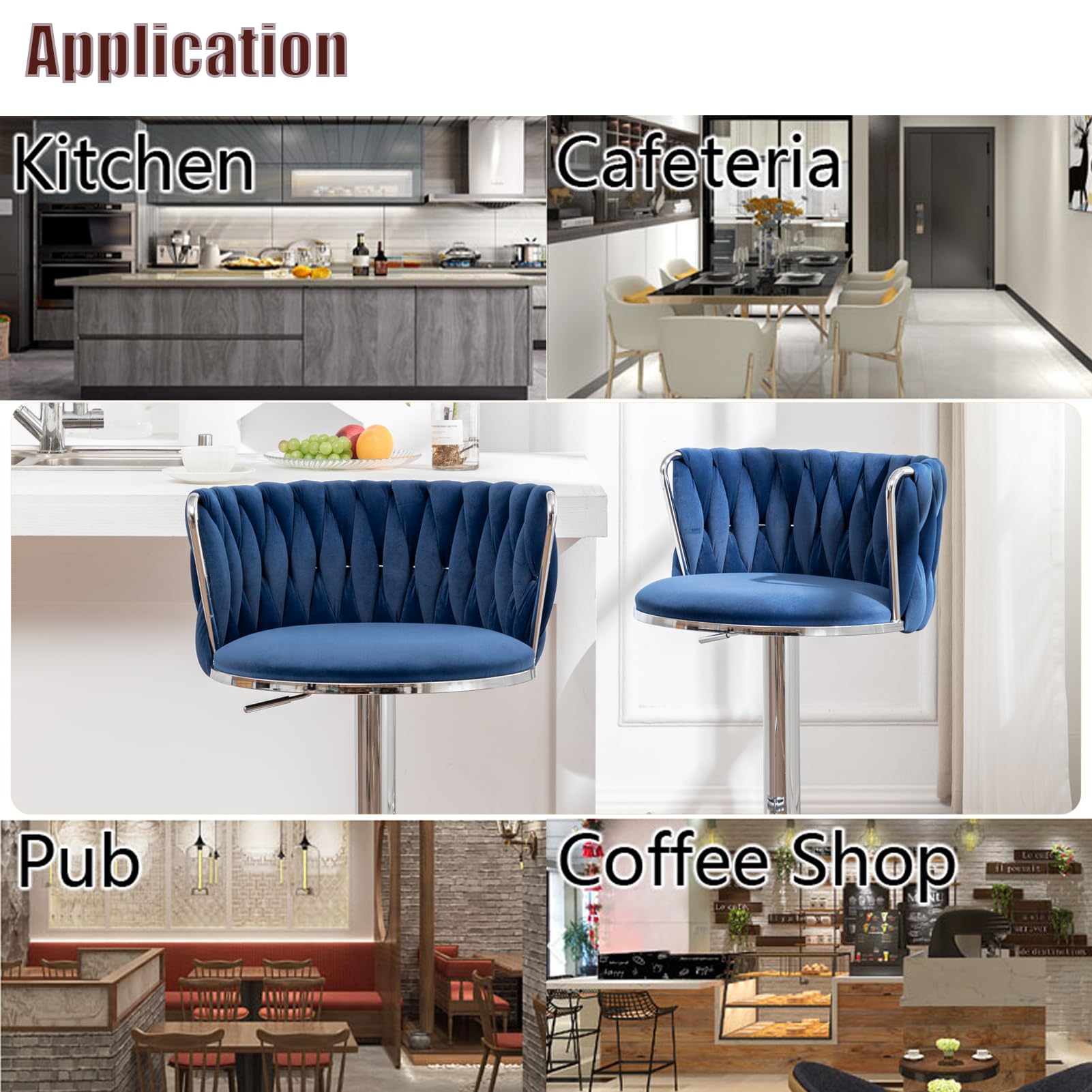 Velvet Bar Stools Set of 4, Swivel Counter Height Bar Stools with Back, Adjustable Woven Barstools for Kitchen Island, Pub, Club (Blue)