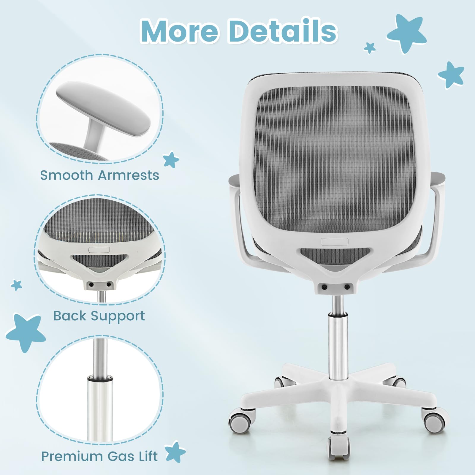Kids Desk Chair, Height Adjustable Children Study Computer Chair with Armrests, Sit-Brake Casters, Swivel Mesh Task Chair for Boys Girls Teens Students, Kids Chair for Home, Office (Gray)