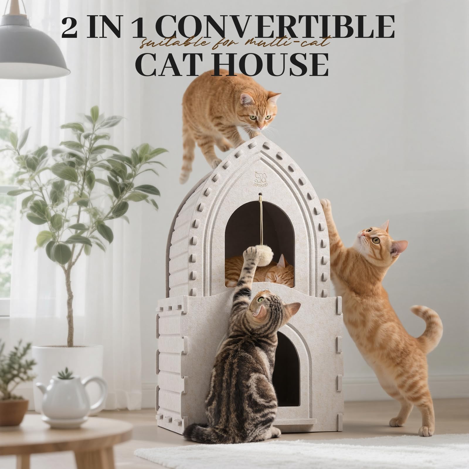 Indoor Cat House for 2 Cats: 2-in-1 Double-Deck Cat House, Sturdy and Scratch-Resistant, Original Castle Design, A Perfect Indoor Cat Cave for Multiple Small Pets and Kittens