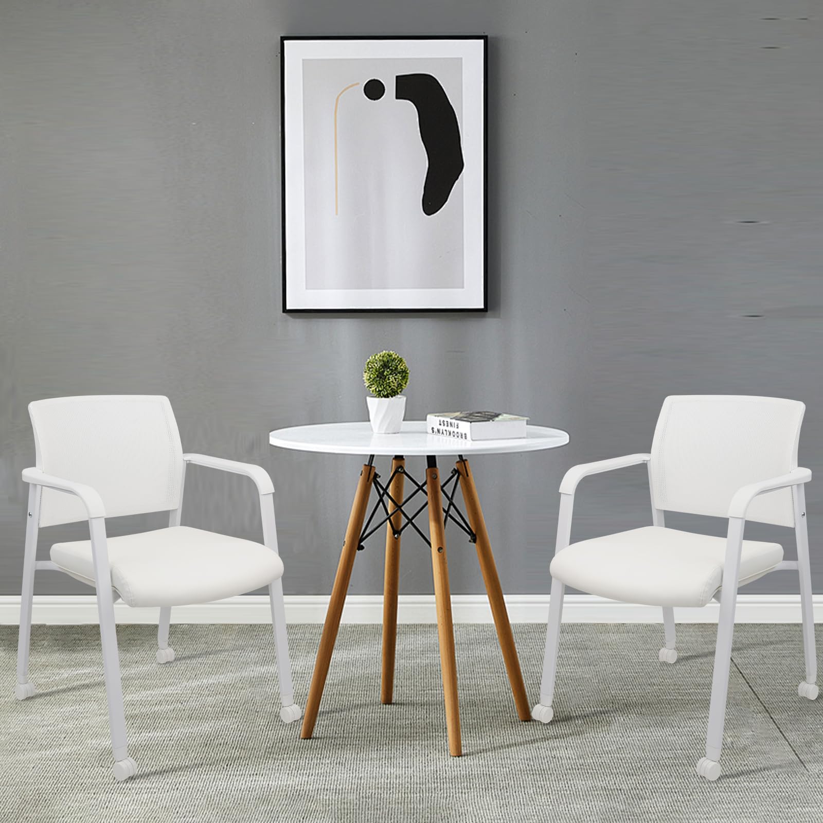 Set of 4, White, Stacking Office Chairs with Wheels | Mesh Back, Thicken Leather Seat and Streamline Armrests, Ergonomic Lumber Support | School, Desk, Guest Reception, Waiting, Conference |