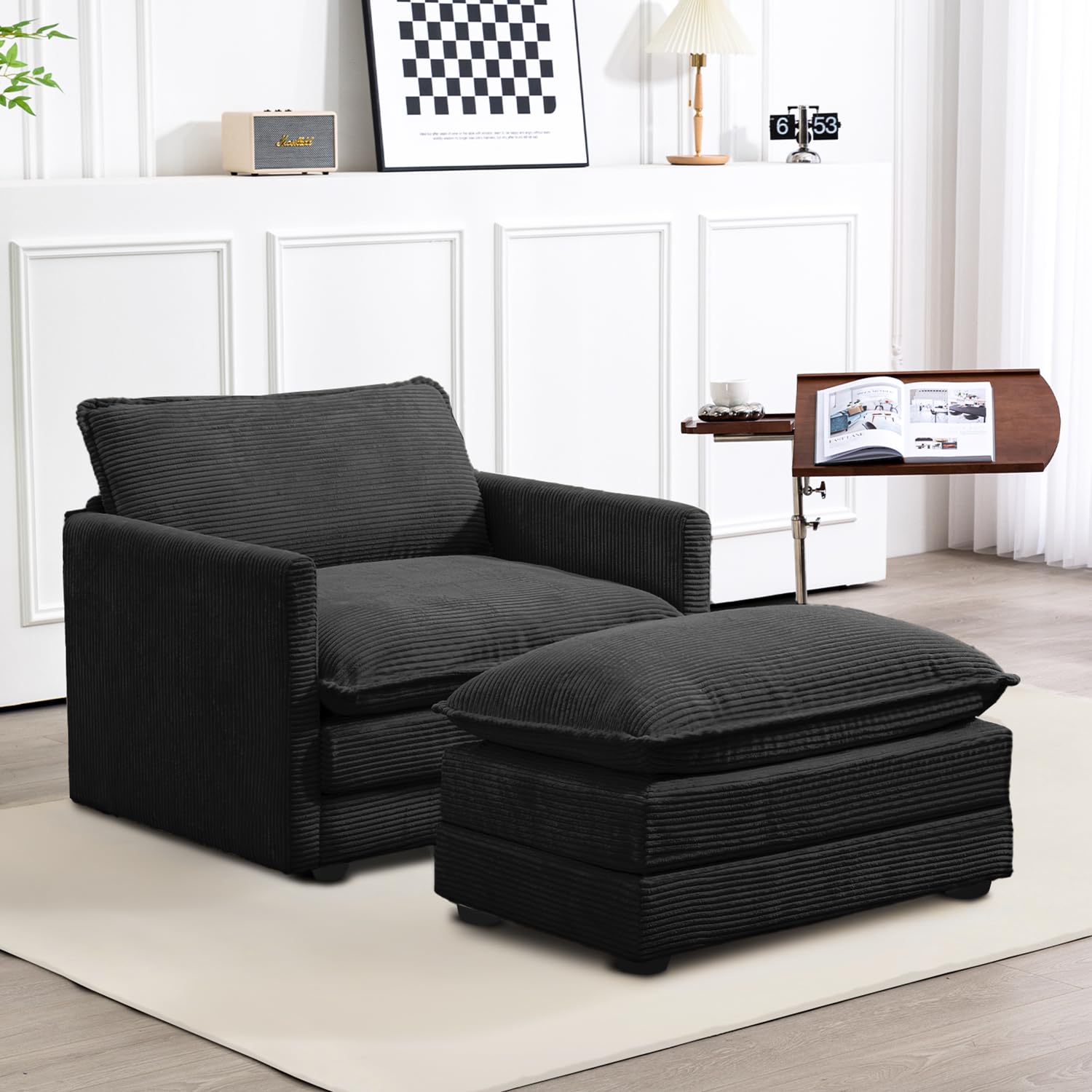 Single Armchair with Ottoman, Modern Corduroy Cloud Couch with Convertible Chaise, Upholstered Sofa Set for Living Room, Black
