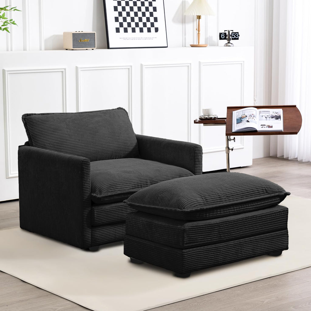 Single Armchair with Ottoman, Modern Corduroy Cloud Couch with Convertible Chaise, Upholstered Sofa Set for Living Room, Black