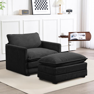 Single Armchair with Ottoman, Modern Corduroy Cloud Couch with Convertible Chaise, Upholstered Sofa Set for Living Room, Black