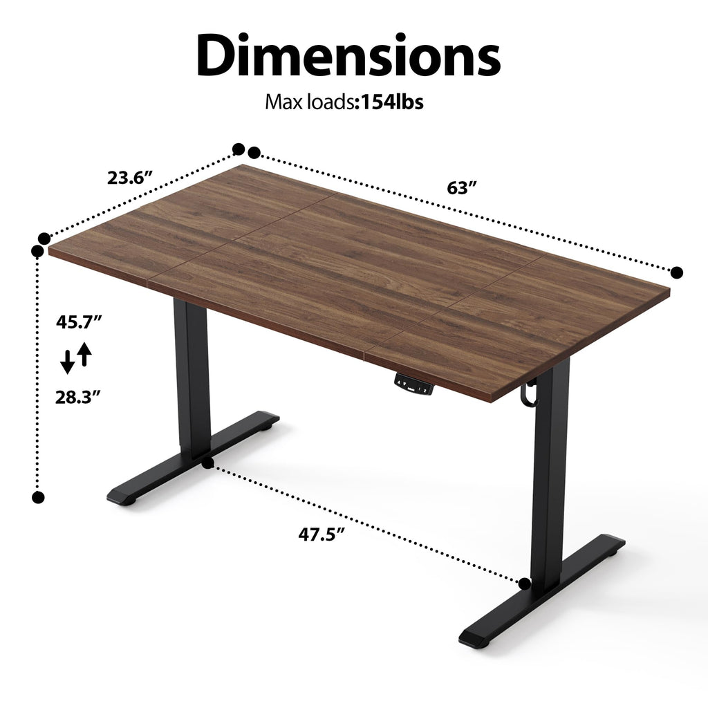 Electric Standing Desk, 63 x 23.6 Inches, Dark Walnut