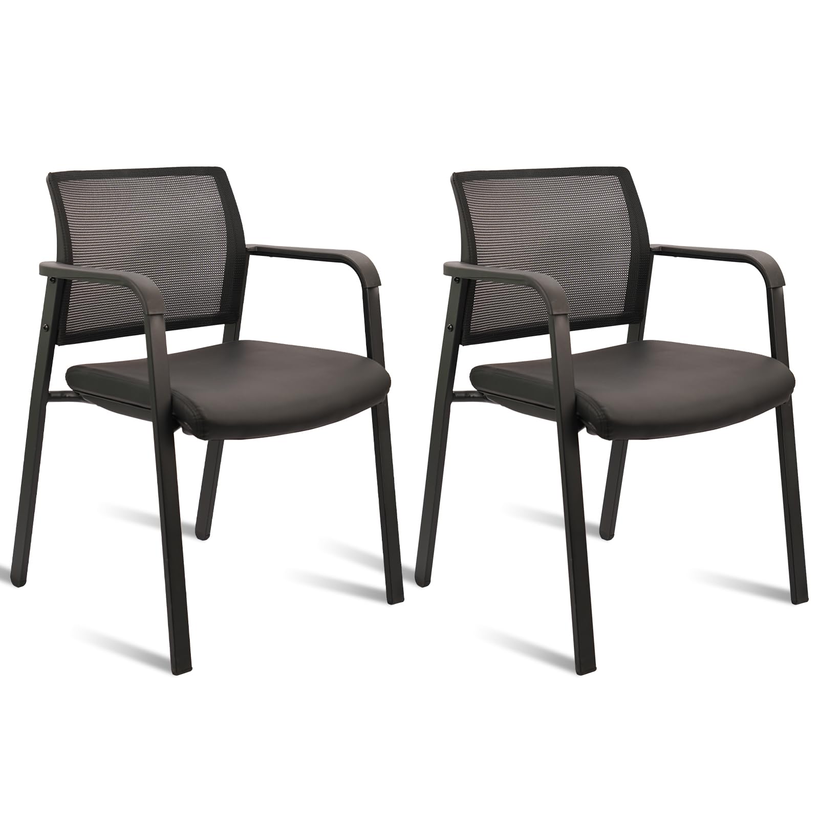 Black, Set of 2, Stackable Office Chair, Mesh Back Guest Chairs with Comfortable Leather Seat Arms Stacking Ergonomic Desk Chair No Wheels for Conference Waiting Reception School Stationary