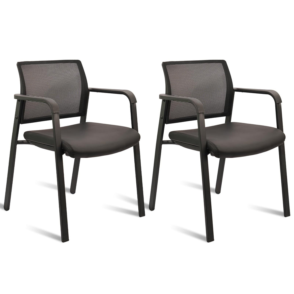 Black, Set of 2, Stackable Office Chair, Mesh Back Guest Chairs with Comfortable Leather Seat Arms Stacking Ergonomic Desk Chair No Wheels for Conference Waiting Reception School Stationary