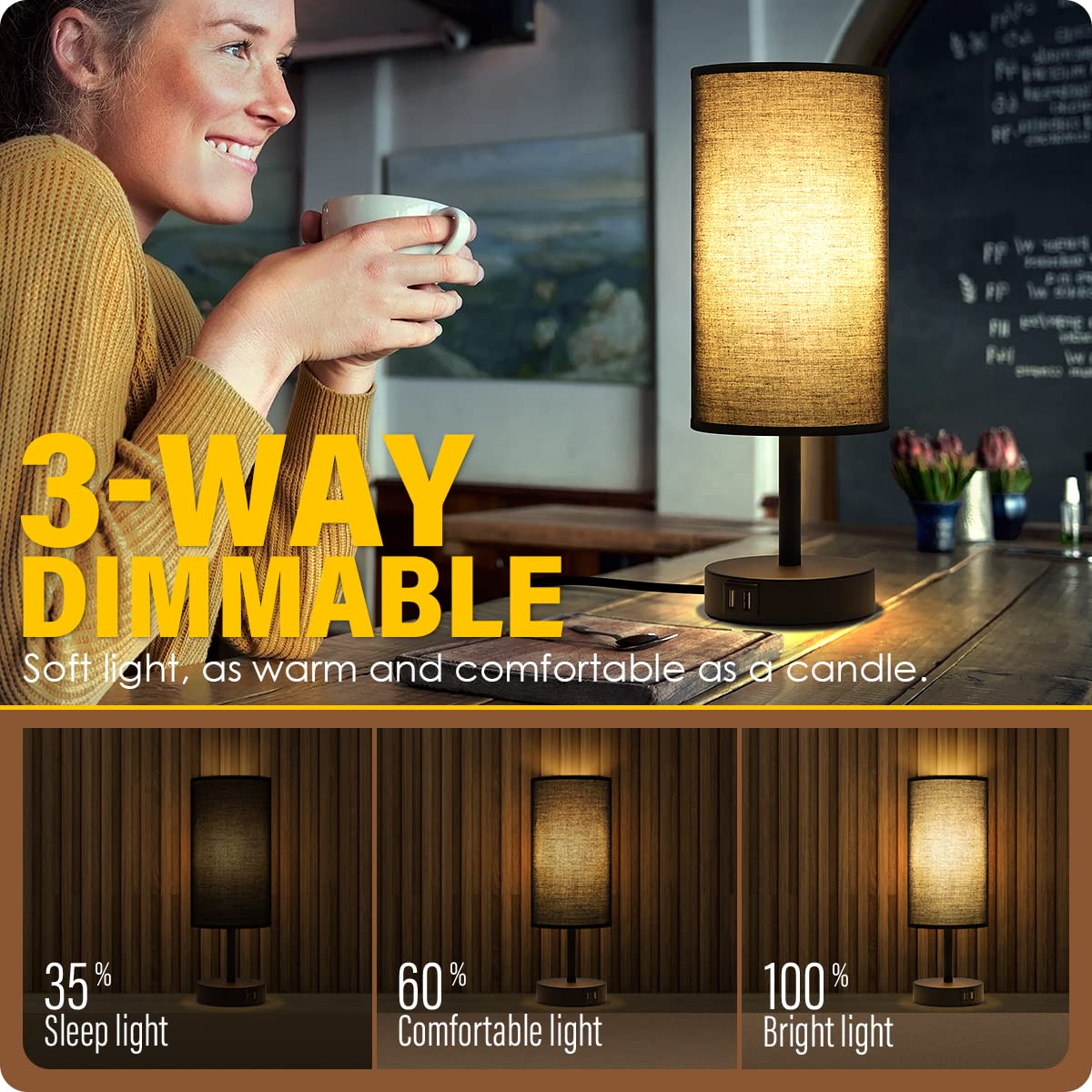 Bedside Lamp with USB Port - Touch Control Table Lamp for Bedroom 3 Way Dimmable Nightstand Lamp with Round Black Fabric Shade for Living Room, Dorm, Home Office (LED Bulb Included)
