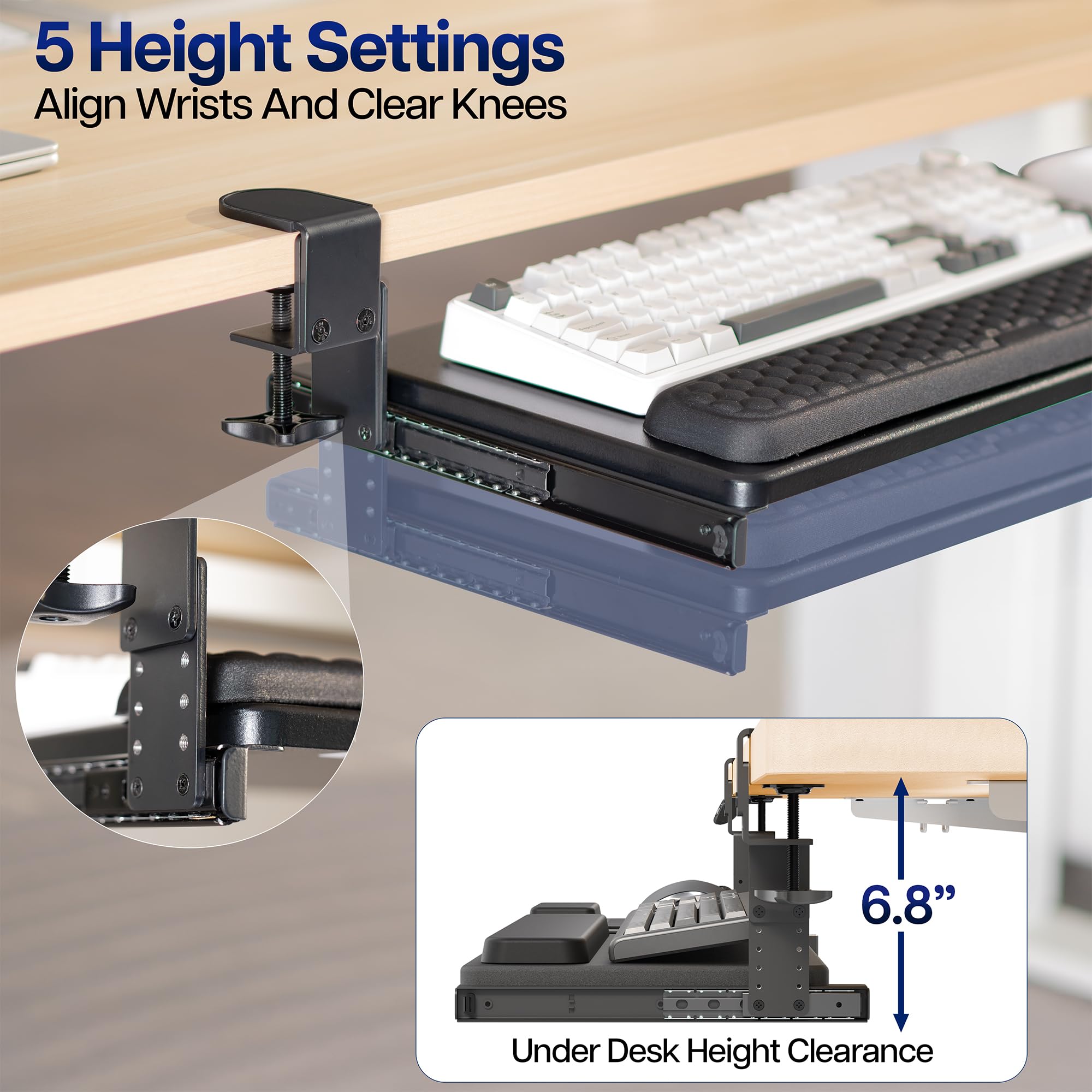 Large Height and Width Adjustable Under Desk Keyboard Tray, C-clamp Mount System, 22.5” to 30” (28.5” to 36” Including Clamps) x 11 inch Slide-Out Platform for Typing, Black, Mount-KBST1
