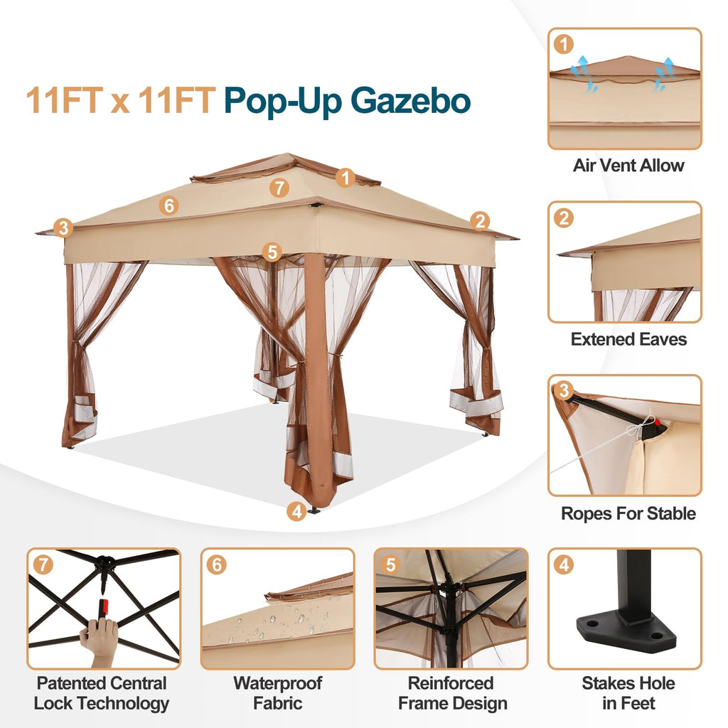 11x11 Pop Up Gazebo Canopy Tent Easy Up Outdoor Gazebo Waterproof Upgrade Portable Gazebo with Mosquito Nettings, Double Vented Roof and Carry Bag for Patio Garden Lawn(Khaki)