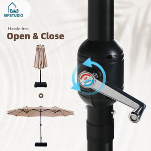 15ft Double Sided Patio Umbrella with Solar Lights, Outdoor Large Umbrellas with Crank Handle and 36 LED Lights, Rectangular Market Umbrella with Base Included for Deck Pool Shade, Beige