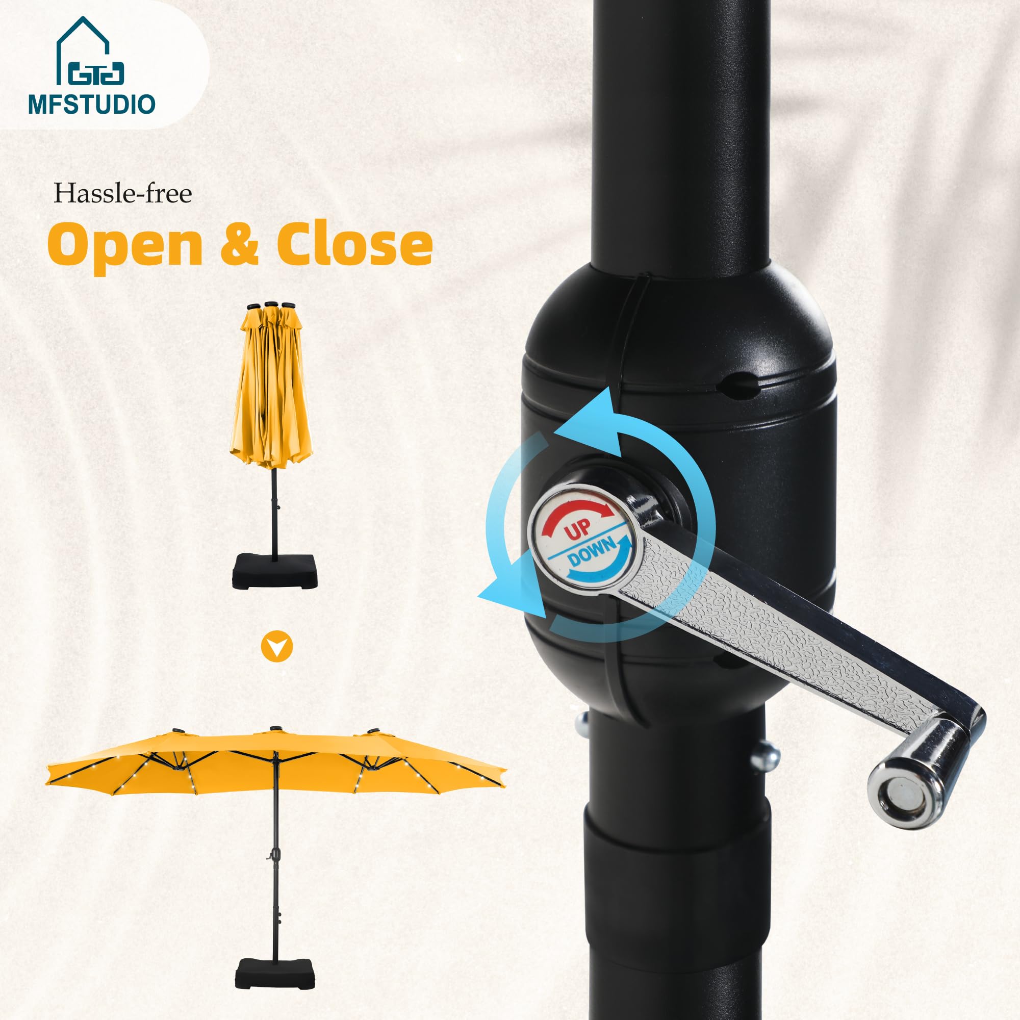 15ft Double Sided Patio Umbrella with Solar Lights, Outdoor Large Umbrellas with Crank Handle and 36 LED Lights, Rectangular Market Umbrella with Base Included for Deck Pool, Gold Yellow