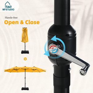 15ft Double Sided Patio Umbrella with Solar Lights, Outdoor Large Umbrellas with Crank Handle and 36 LED Lights, Rectangular Market Umbrella with Base Included for Deck Pool, Gold Yellow