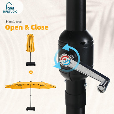 15ft Double Sided Patio Umbrella with Solar Lights, Outdoor Large Umbrellas with Crank Handle and 36 LED Lights, Rectangular Market Umbrella with Base Included for Deck Pool, Gold Yellow