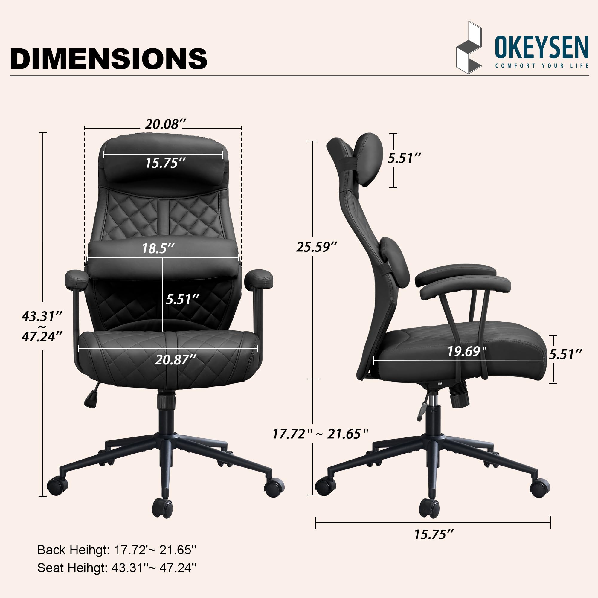 Modern Leather Office Chair, High Back Conference Room Chairs Mid-Century Reclining Office Chairs with Removable Pillow, Padded Executive Office Chair for Home, Office.