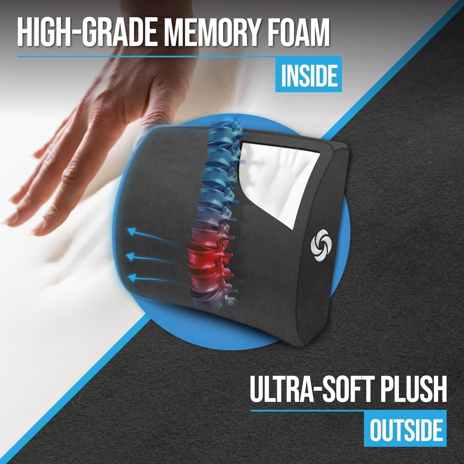 Lumbar Support Pillow for Office Chair and Car Seat, Perfectly Balanced Memory Foam, Versatile Use Lower Back Cushion, Black Plush