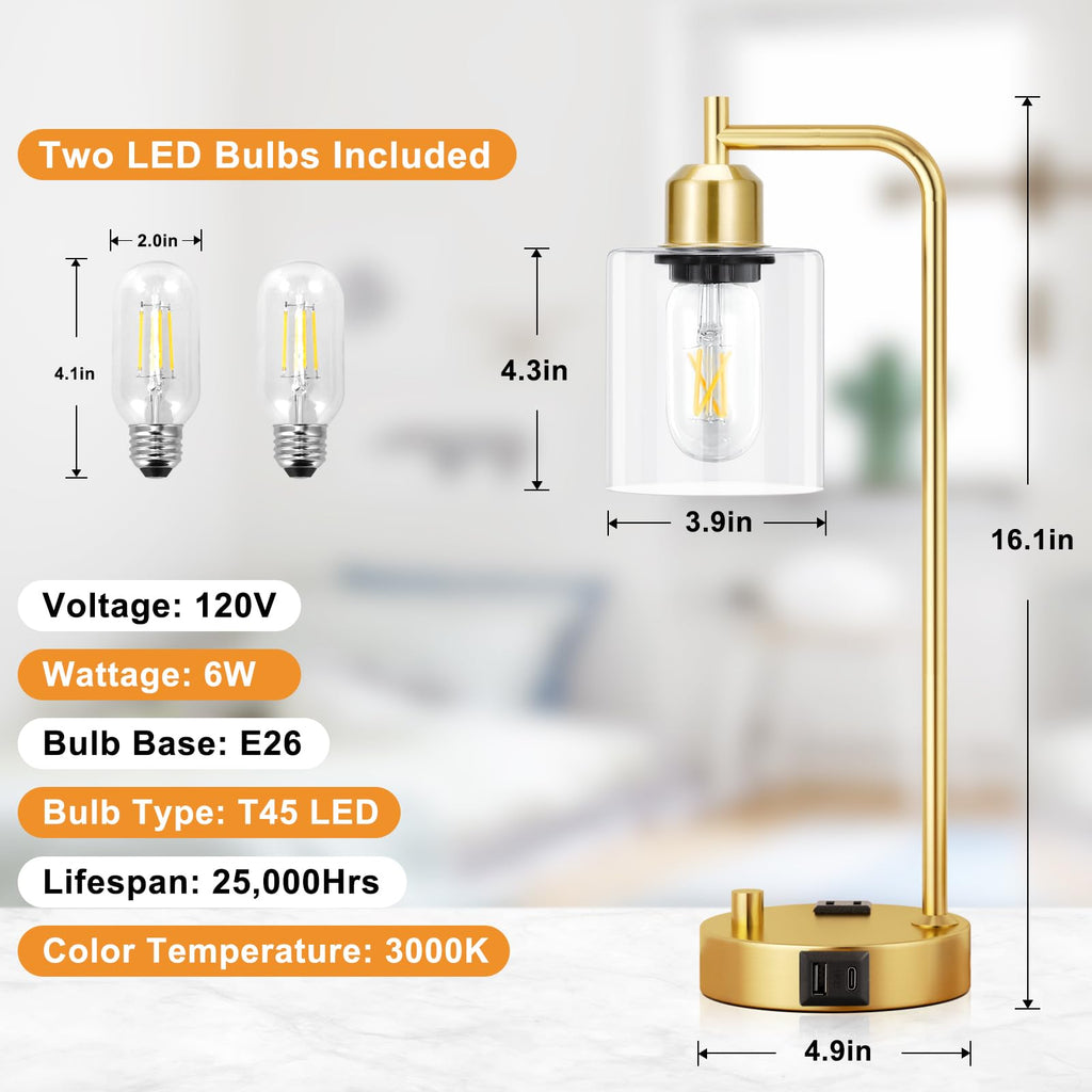 Industrial Table Lamp for Bedroom Set of 2 - Fully Dimmable Bedside Lamps with USB Ports and Outlet, Gold Nightstand Lamps with Clear Glass Shade for Living Room, Desk Lamps for Office Reading
