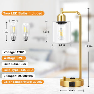 Industrial Table Lamp for Bedroom Set of 2 - Fully Dimmable Bedside Lamps with USB Ports and Outlet, Gold Nightstand Lamps with Clear Glass Shade for Living Room, Desk Lamps for Office Reading