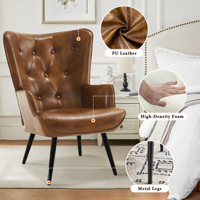 PU Leather Accent Chair with Ottoman, Upholstered Reading Chair with High Backrest, Tufted-Button Wingback Armchair for Bedroom, Dressing Room, Home Office, Brown