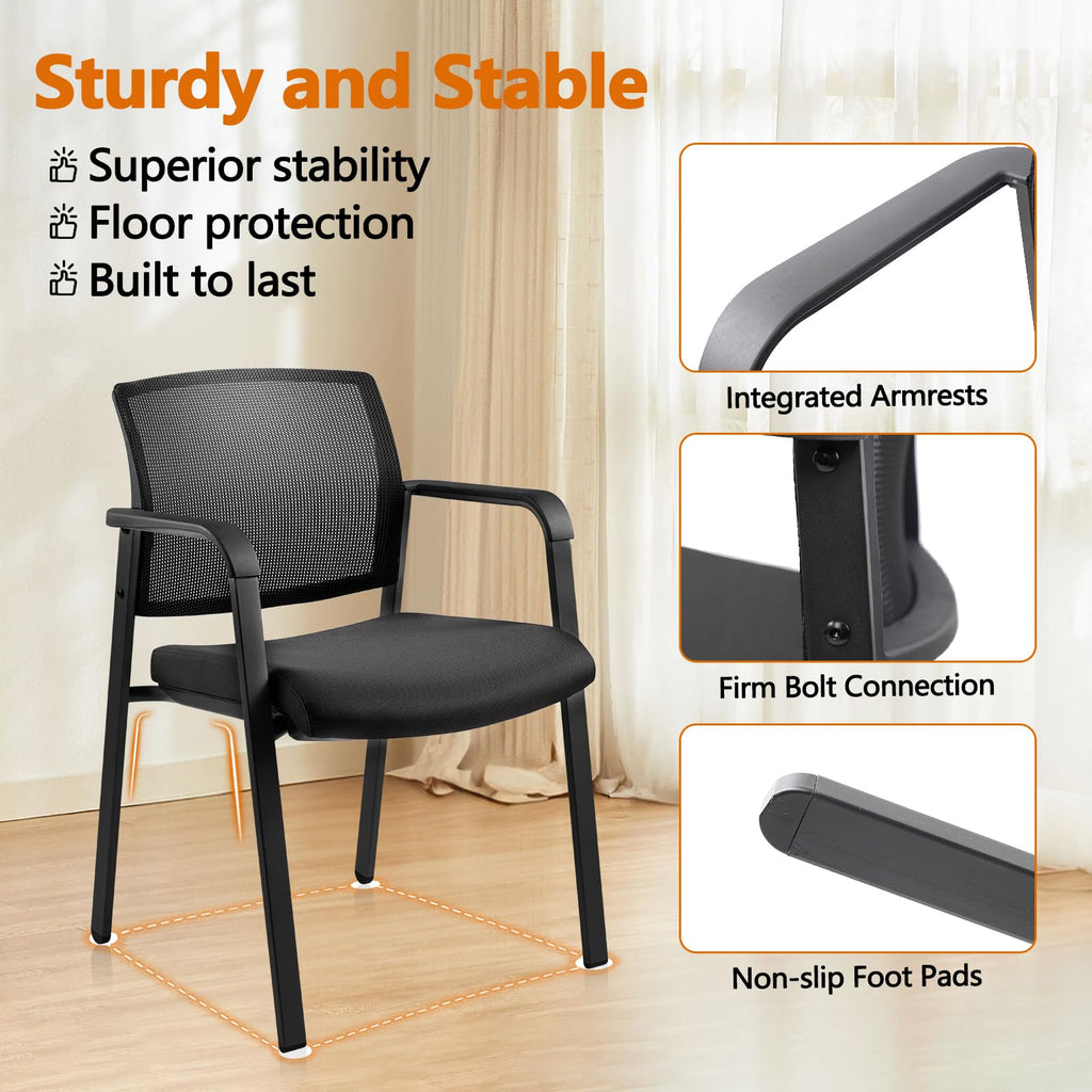 Black 2 Pack Set, Mesh Back Stacking Arm Chairs with Upholstered Fabric Seat and Ergonomic Lumbar Support for Office School Church Guest Reception