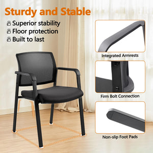 Black 2 Pack Set, Mesh Back Stacking Arm Chairs with Upholstered Fabric Seat and Ergonomic Lumbar Support for Office School Church Guest Reception