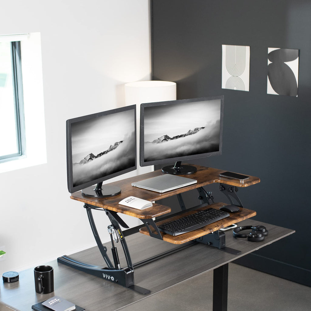 36 inch Height Adjustable Stand Up Desk Converter, V Series, Quick Sit to Stand Tabletop Dual Monitor Riser Workstation, Rustic Vintage Brown Top, Black Frame, DESK-V000VN