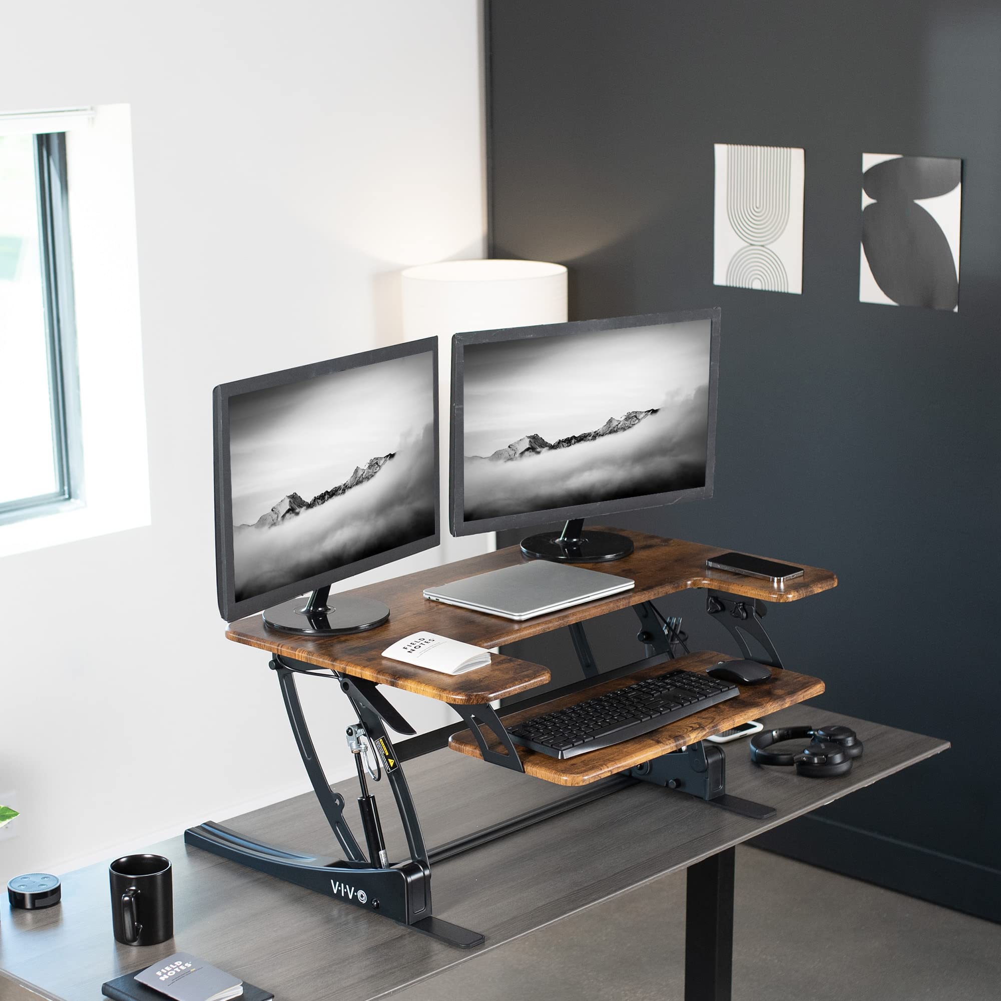 36 inch Height Adjustable Stand Up Desk Converter, V Series, Quick Sit to Stand Tabletop Dual Monitor Riser Workstation, Rustic Vintage Brown Top, Black Frame, DESK-V000VN