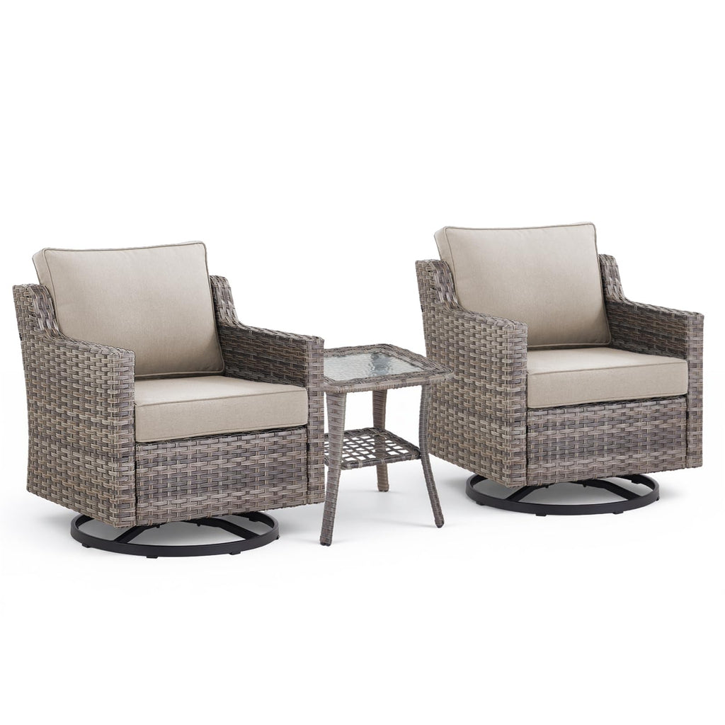 3 Pieces Patio Furniture Set-High Back Swivel Patio Chairs Set of 2 with Outdoor Side Table Patio Table and Chairs Set for Porch Deck Balcony Garden Grey/Beige