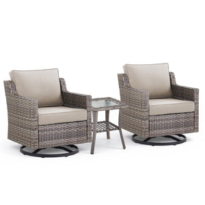 3 Pieces Patio Furniture Set-High Back Swivel Patio Chairs Set of 2 with Outdoor Side Table Patio Table and Chairs Set for Porch Deck Balcony Garden Grey/Beige