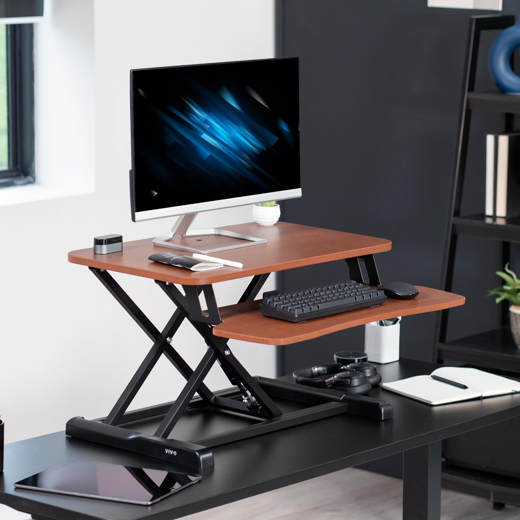 26 inch Desk Converter, K Series, Height Adjustable Sit to Stand Riser, Dual Monitor and Laptop Workstation with Keyboard Tray, Dark Walnut Top, Black Frame, DESK-V026KA
