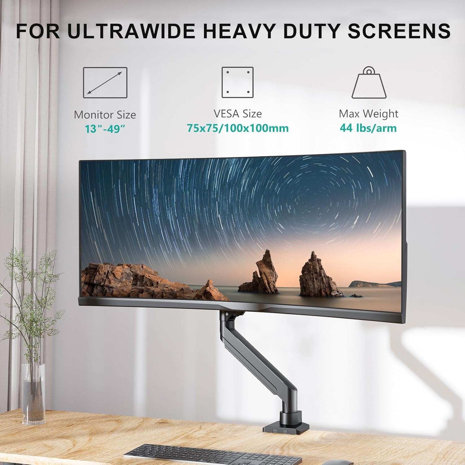 Ultrawide Single Monitor Arm for 13-49 Inch Heavy Duty 1000R Curved Screens, up to 44 Lbs, Adjustable Single Monitor Desk Mount with C-Clamp, Grommet Base, 75/100mm VESA Mount (GSM001XL), Black