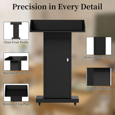 Podium Stand with 4 Locking Wheels, Heavy-Duty Metal Lectern with Large Lockable Storage Cabinet, Flat Desktop for Church, School, Office, and Conference, 43.7