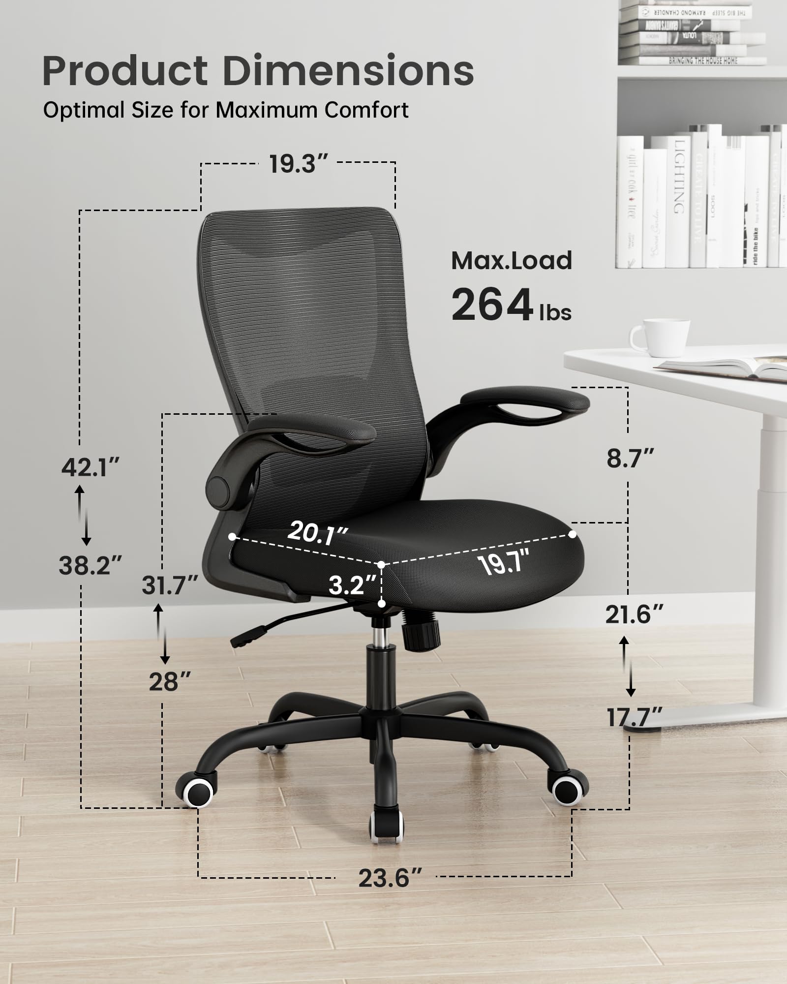 Office Chair, Ergonomic Desk Chair with Adjustable Lumbar Support and Flip up Armrest, Breathable Mesh Computer Chair for Home Office, Black