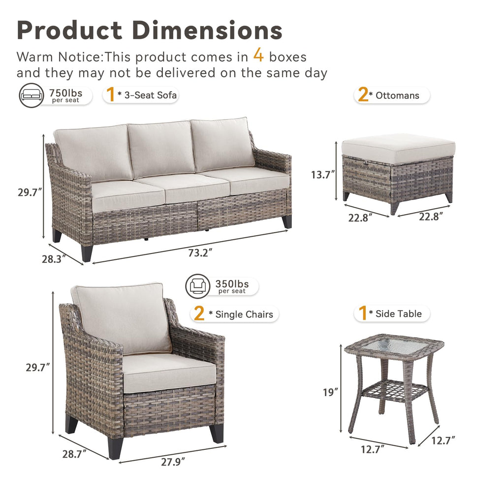 Outdoor Patio Furniture Set-PE Wicker Sofa Couch with Ottomans Comfy Cushions, All Weather High Back Patio Conversation Set for Porch Deck Balcony Garden Grey/Beige