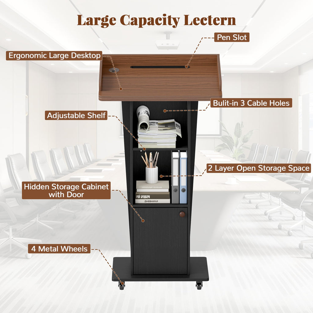 Mobile Podium Stand with Metal Wheels, Wooden Pulpit with 15° Tilted Desktop and Storage Cabinet, Built-in Cable Hole Lectern Desk for Office Classroom Lecture Restaurant Church Presentations