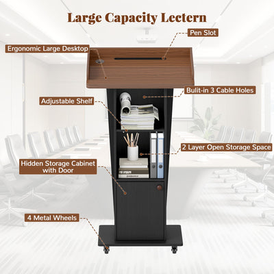 Mobile Podium Stand with Metal Wheels, Wooden Pulpit with 15° Tilted Desktop and Storage Cabinet, Built-in Cable Hole Lectern Desk for Office Classroom Lecture Restaurant Church Presentations
