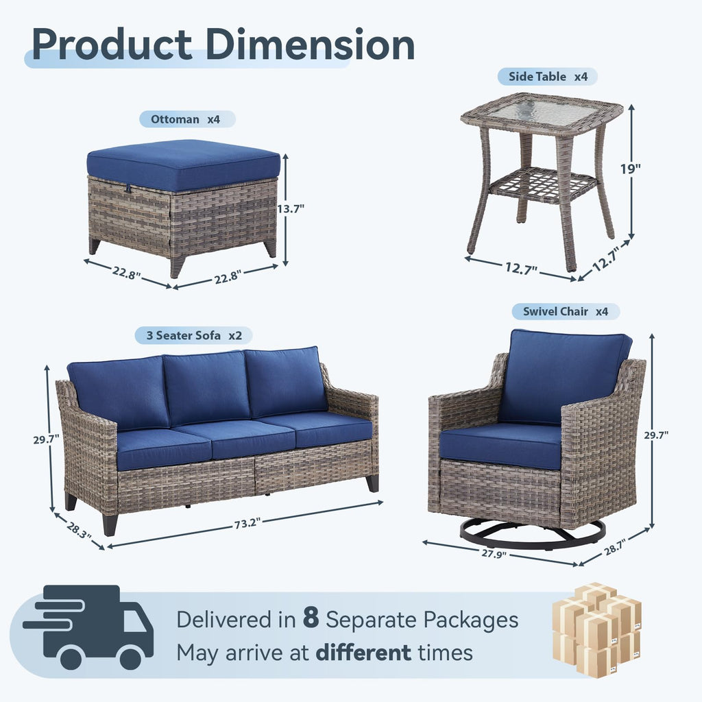 14 Piece Patio Furniture Set-High Back Outdoor Furniture Set Sectional Sofa with Wicker Swivel Patio Chairs,Comfy Cushions Ottomans for Porch Balcony Patio Deck Grey/Blue