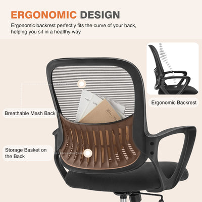Home Office Managerial Executive Chair with Ergonomic Design, Mid-Back Mesh Swivel, Comfortable Lumbar Support, Comfy Arms for Bedroom,Study,Student, Black