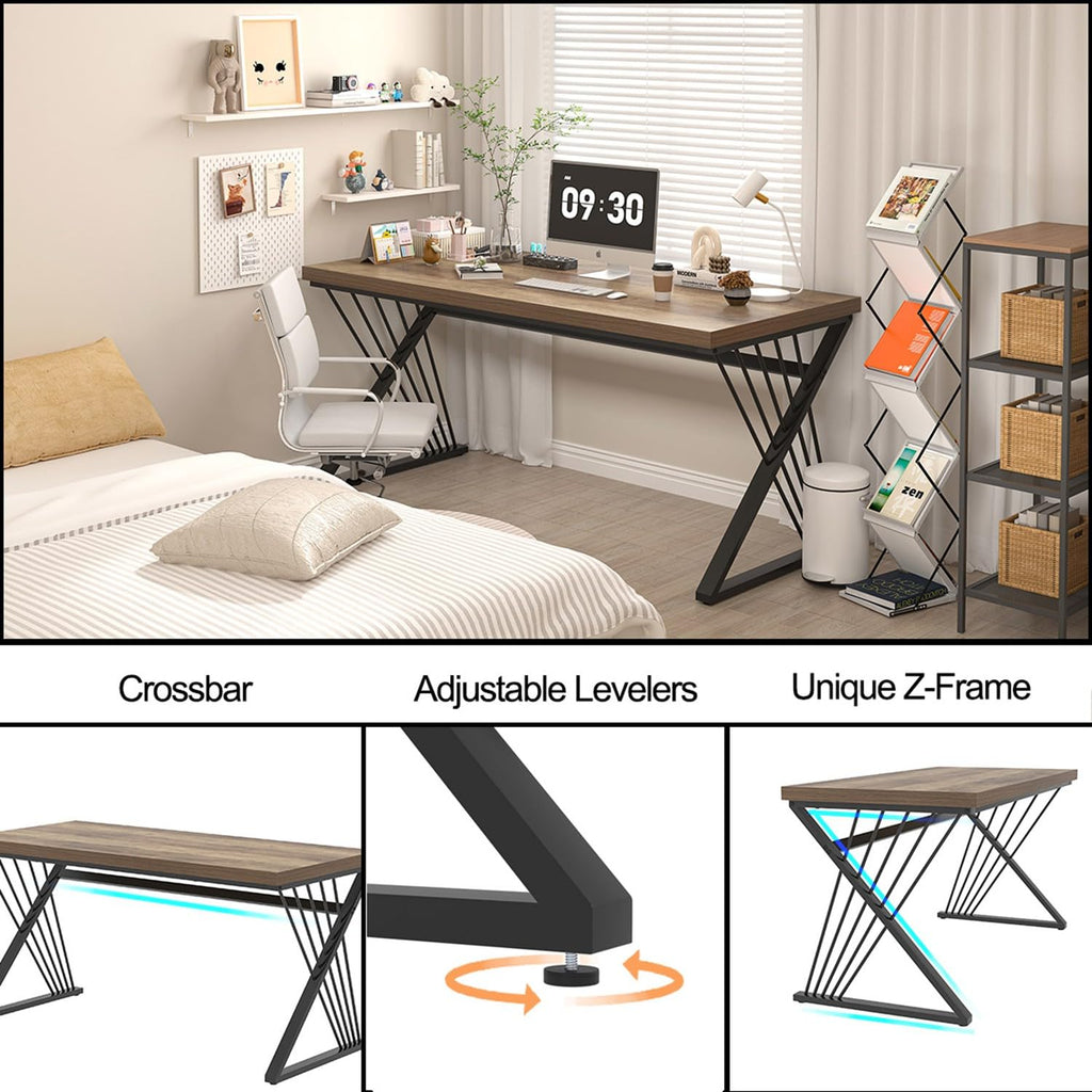 Modern Home Office Desk, Wood and Metal Computer Desk, Industrial Study Writing Work Table for Bedroom Living Room, Oak, 60 Inch