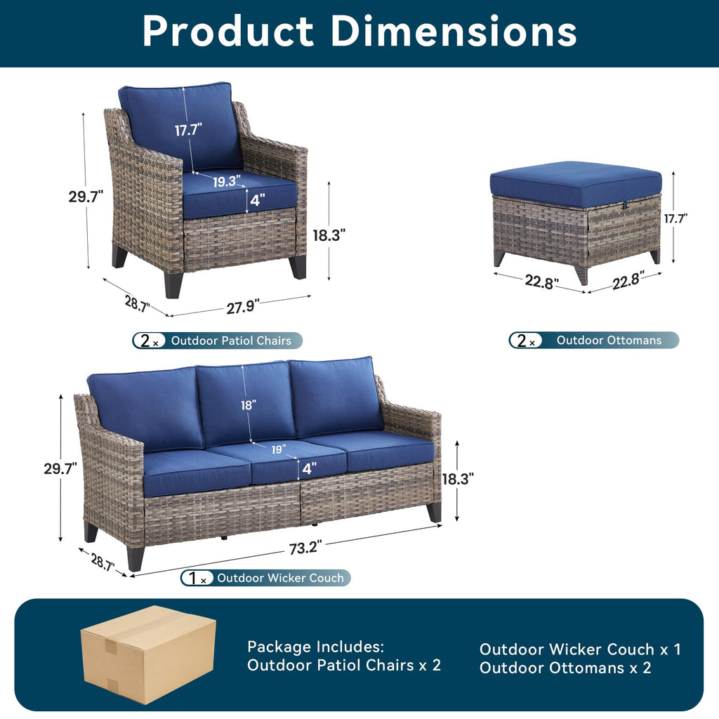 5 Pieces Outdoor Furniture-High Back Outdoor Wicker Couch Patio Chairs Set of 2 with Comfy Cushions Ottomans Patio Furniture Set for Backyard Porch Garden Deck Grey/Blue