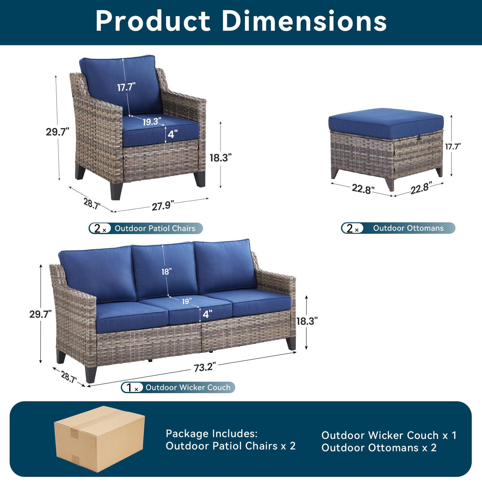 5 Pieces Outdoor Furniture-High Back Outdoor Wicker Couch Patio Chairs Set of 2 with Comfy Cushions Ottomans Patio Furniture Set for Backyard Porch Garden Deck Grey/Blue