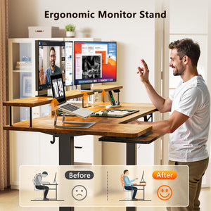 U Shaped Electric Standing Desk with Keyboard Tray, 55 Inch Height Adjustable Desk with Power Outlets & LED Lights, Sit Stand Table with Monitor Stand for Home, Office, Rustic Brown