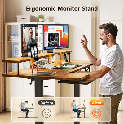 U Shaped Electric Standing Desk with Keyboard Tray, 55 Inch Height Adjustable Desk with Power Outlets & LED Lights, Sit Stand Table with Monitor Stand for Home, Office, Rustic Brown