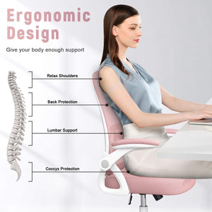 Ergonomic Office Chair, Computer Chair with Adjustable Height, Flip-Up Arms and Lumbar Support, Breathable Mesh Desk Chair for Home Study Working (Without Headrest, Pink)