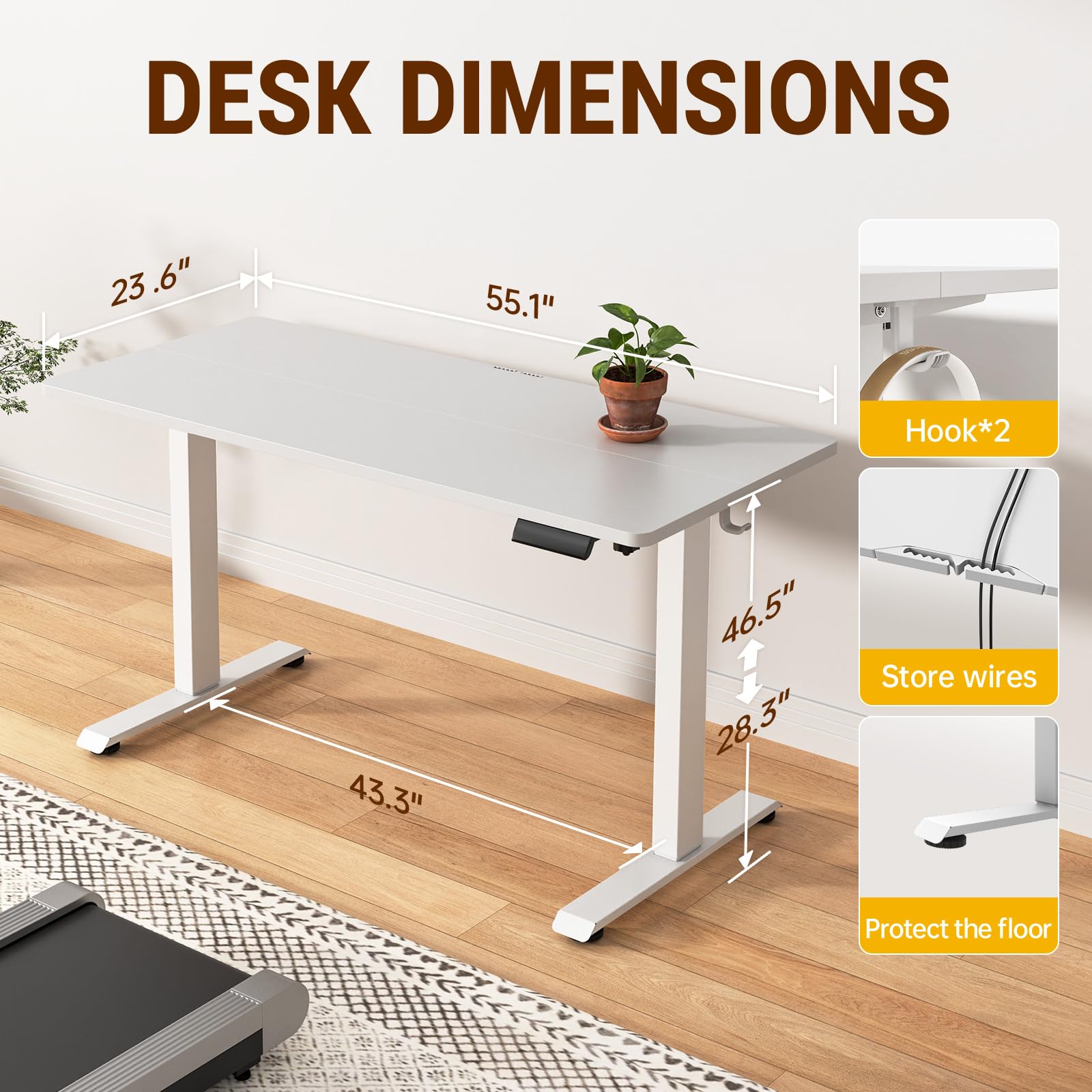 55 Inch Large Electric Standing Desk,Sit to Stand Up, Heights Adjustable, Work Home Office Computer Table for Study, Walking Pad, Writing, and Games, Wooden Desktop Desks, White